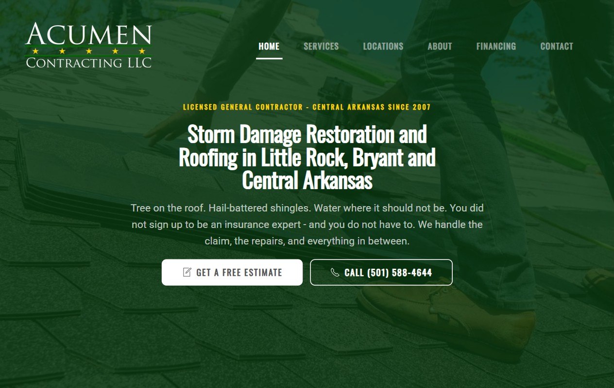 Acumen Contracting website built by Lingo, Bryant storm damage restoration and roofing web design