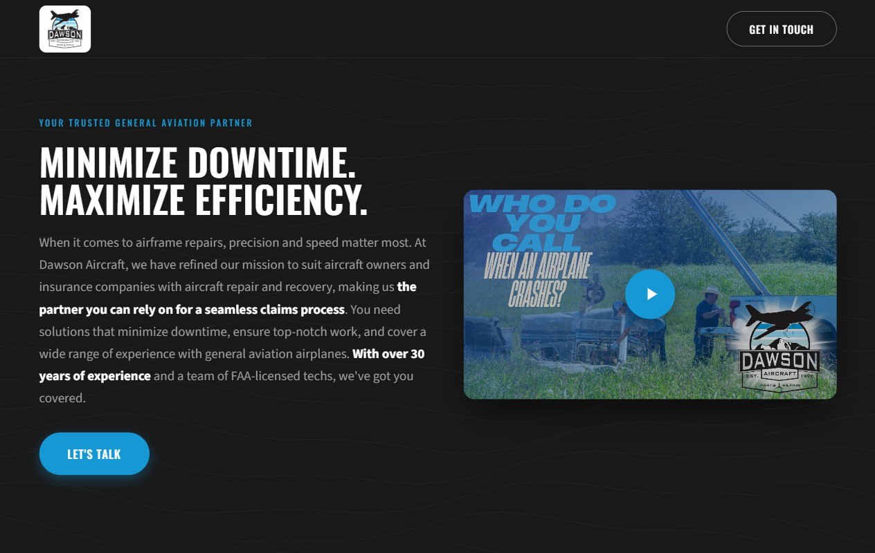 Dawson Aircraft website built by Lingo, Arkansas general aviation repair and recovery web design