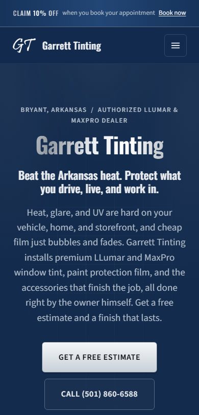 Garrett Tinting mobile website built by Lingo, Arkansas window tinting web design