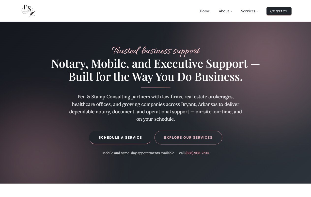 Pen and Stamp website built by Lingo, Bryant Arkansas notary and executive support web design