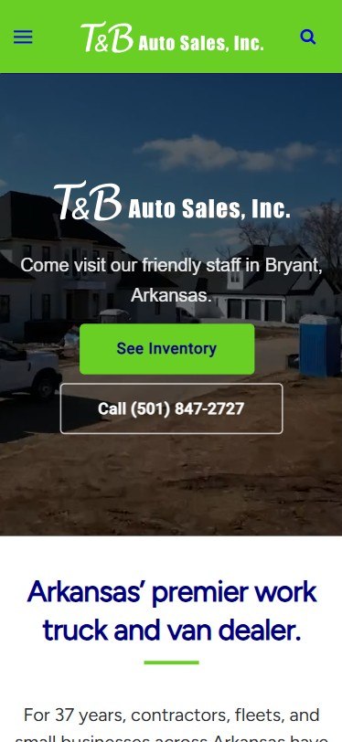 T and B Auto Sales mobile website built by Lingo, Bryant work truck and van dealer web design